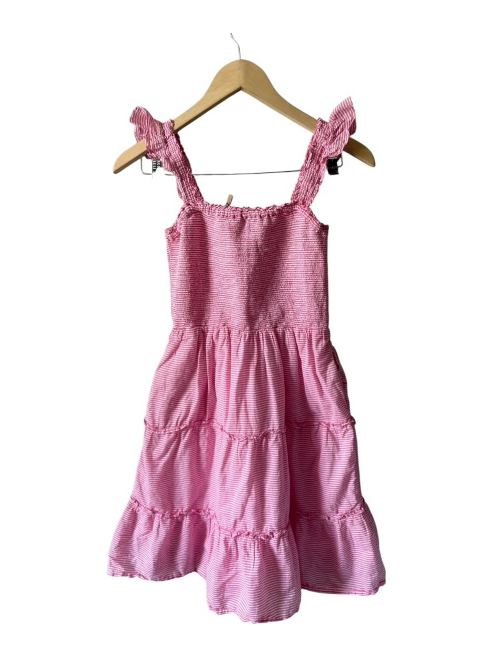 J.Crew Factory Smocked Tiered Mini Dress XS Pink Striped Ruffle Sundress